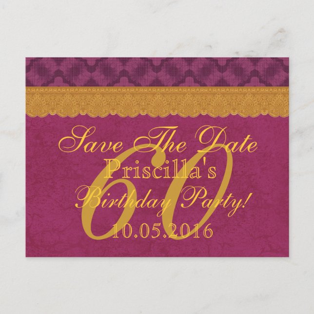 60th Birthday Save the Date Burgundy Gold Lace Announcement Postcard (Front)
