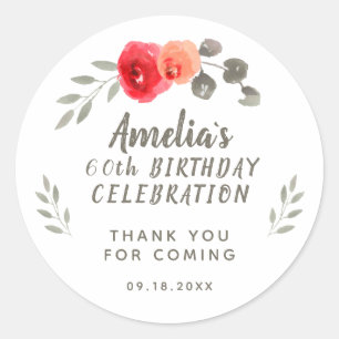 60th Birthday Script Watercolor Floral Thank you Classic Round Sticker