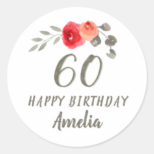60th Birthday Script Watercolor Floral Woman Classic Round Sticker