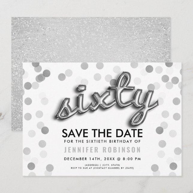 60th Birthday Silver Balloon Glitter Save The Date Invitation (Front/Back)