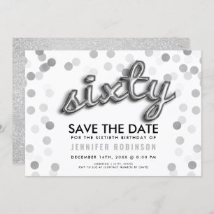 60th Birthday Silver Balloon Glitter Save The Date Invitation