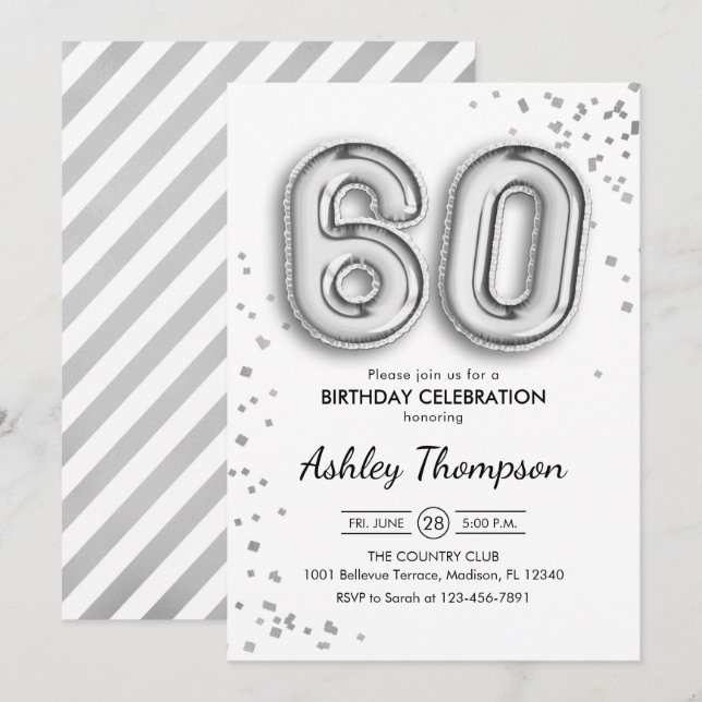 60th Birthday - Silver Balloons Invitation (Front/Back)