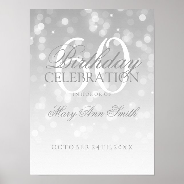 60th Birthday Silver Bokeh Sparkle Lights Poster (Front)