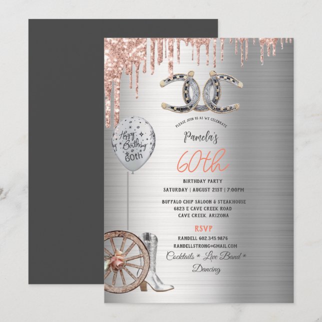 60th Birthday Silver Cowgirl Boots Horseshoes Rose Invitation (Front/Back)