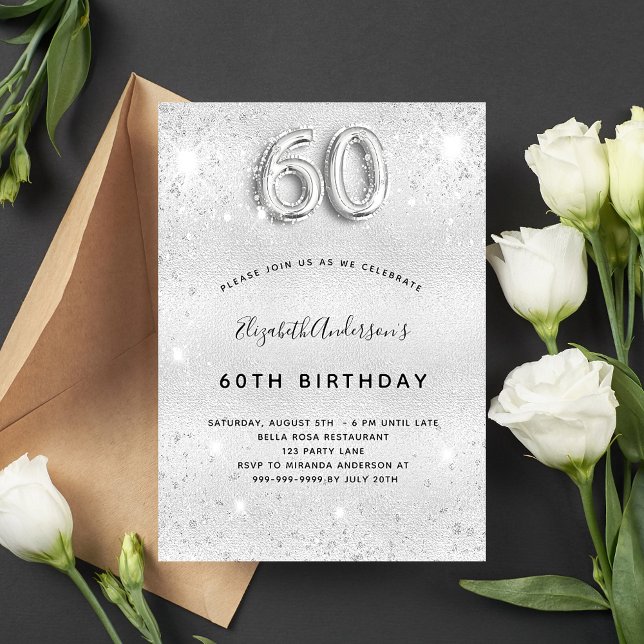 60th birthday silver elegant glamorous invitation (Creator Uploaded)