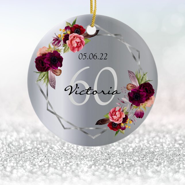 60th birthday silver florals geometric burgundy ceramic tree decoration (Creator Uploaded)