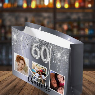 60th birthday silver glitter photo large gift bag