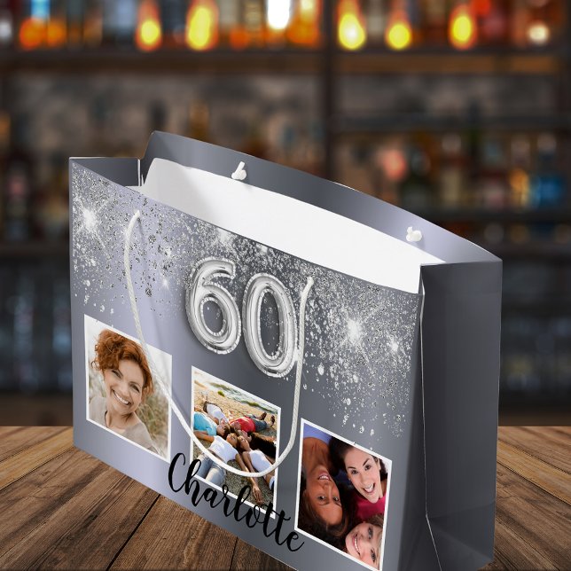 60th birthday silver glitter photo large gift bag (Creator Uploaded)