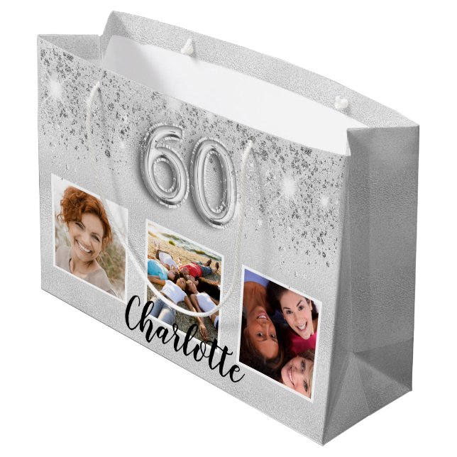60th birthday silver glitter photo name large gift bag (Back Angled)