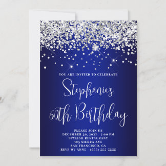 60th Birthday Silver Glitter Royal Blue Navy Ombre Invitation