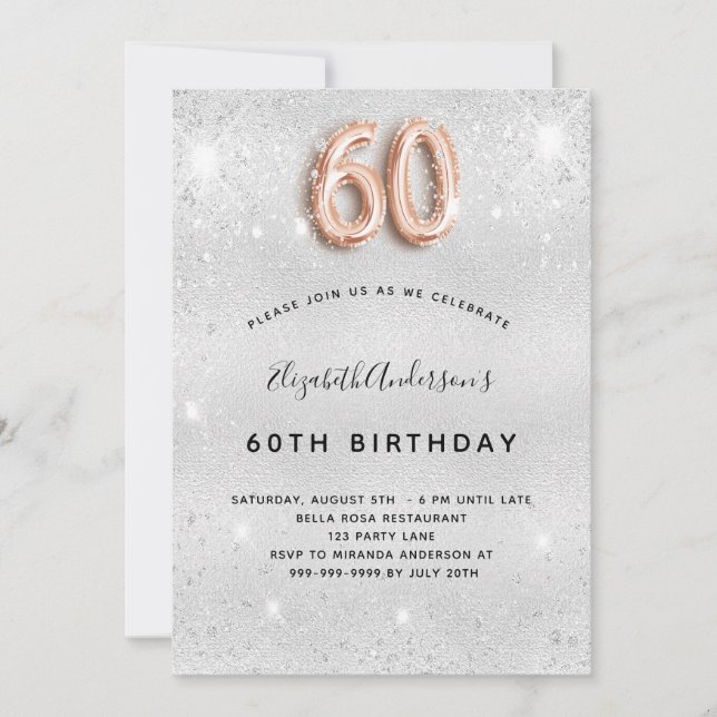 60th birthday silver gold glitter invitation (Front)