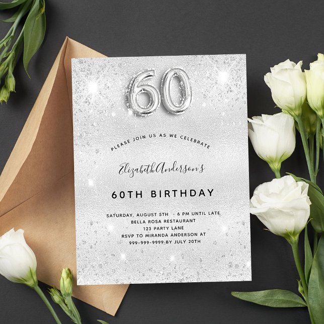 60th birthday silver metal glitter dust glam invitation postcard (Creator Uploaded)