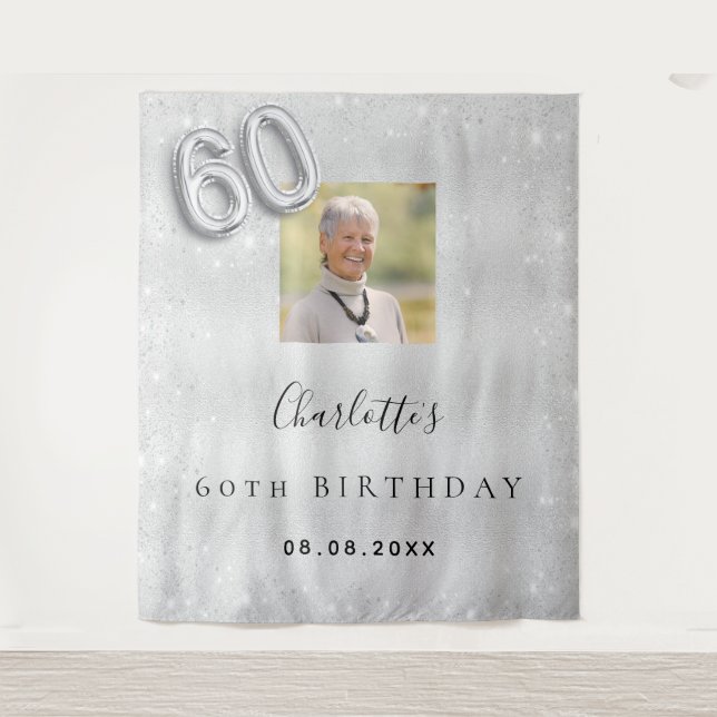 60th birthday silver photo glitter dust welcome tapestry (Front)