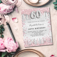 60th birthday silver pink glitter drips glamourous