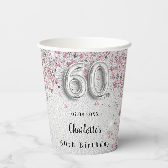 60th birthday silver pink glitter paper cups (Back)