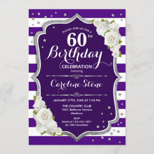 60th Birthday - Silver Purple White Stripes Roses Invitation