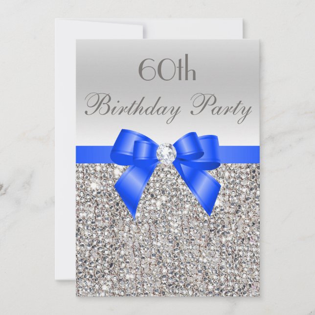 60th Birthday Silver Sequin Royal Blue Bow Diamond Invitation (Front)