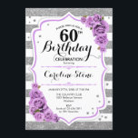 60th Birthday -  Silver White Stripes Purple Roses Invitation<br><div class="desc">60th Birthday Invitation.
Elegant silver white lavender design with faux glitter. Silver and white stripes with purple roses. Perfect for an elegant sixtieth birthday party.</div>