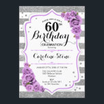 60th Birthday -  Silver White Stripes Purple Roses Invitation<br><div class="desc">60th Birthday Invitation.
Elegant silver white lavender design with faux glitter. Silver and white stripes with purple roses. Perfect for an elegant sixtieth birthday party.</div>