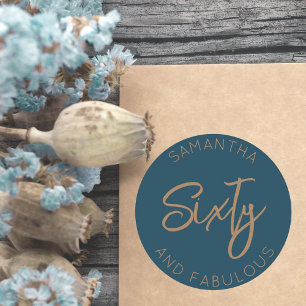 60th Birthday Sixty and fabulous Modern Blue Gold Classic Round Sticker