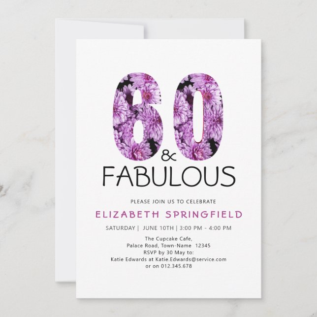 60th Birthday Sixty and Fabulous Purple Floral Invitation (Front)