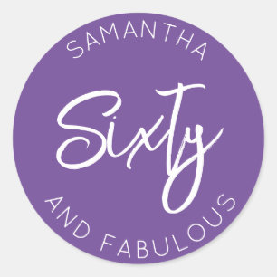 60th Birthday Sixty and fabulous Simple Purple Classic Round Sticker