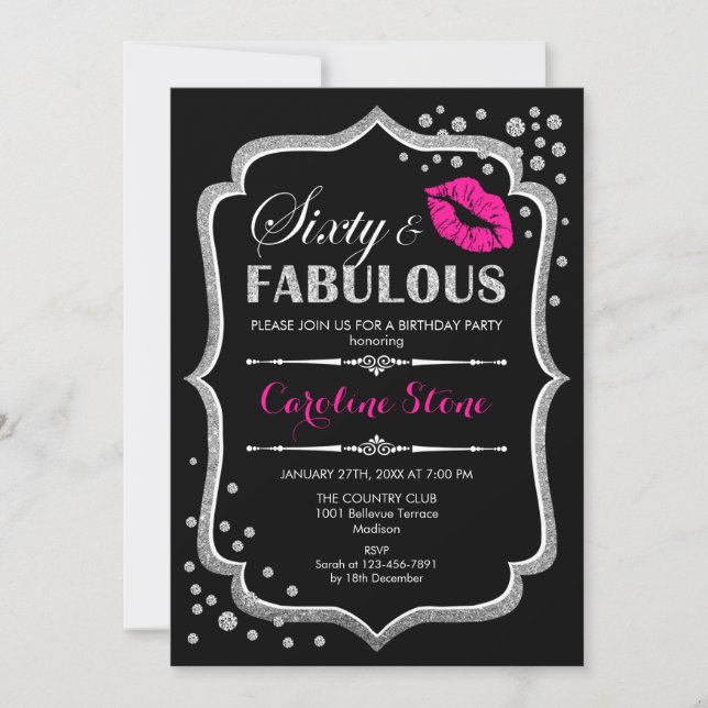 60th Birthday - Sixty Fabulous Black Pink Silver Invitation (Front)