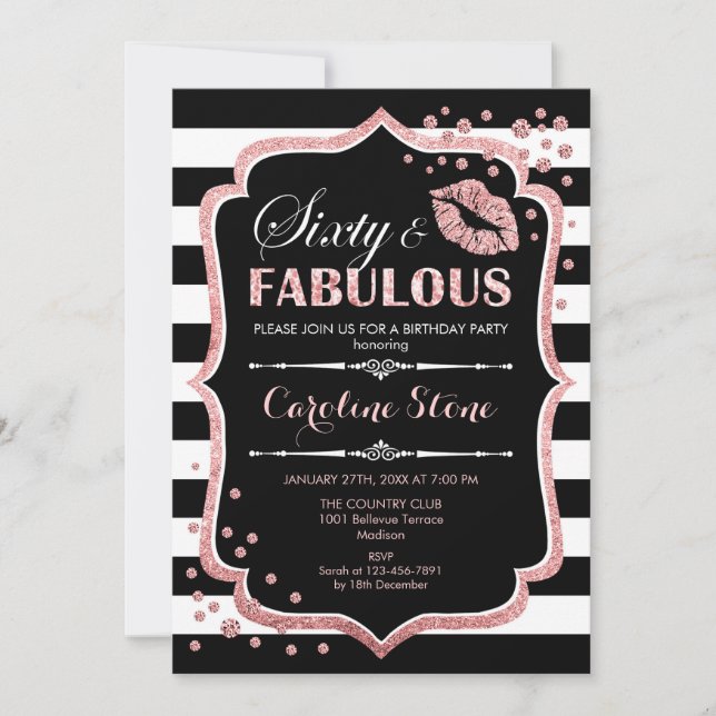 60th Birthday - Sixty Fabulous Black Rose Gold Invitation (Front)