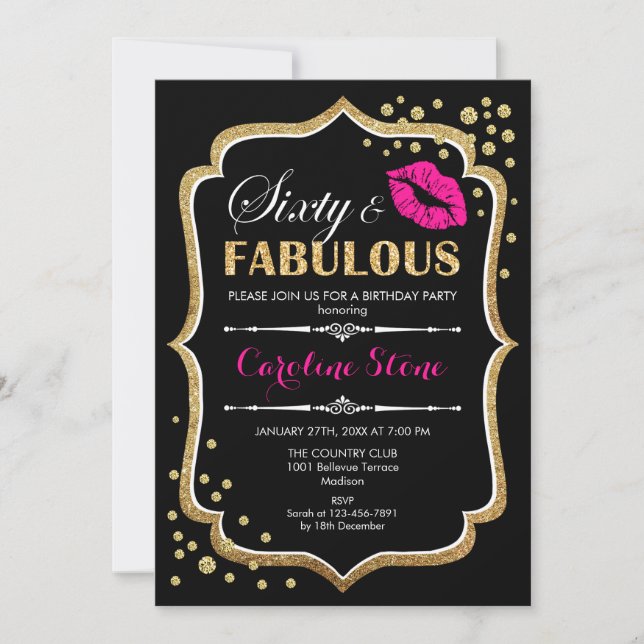 60th Birthday - Sixty Fabulous Gold Black Pink Invitation (Front)