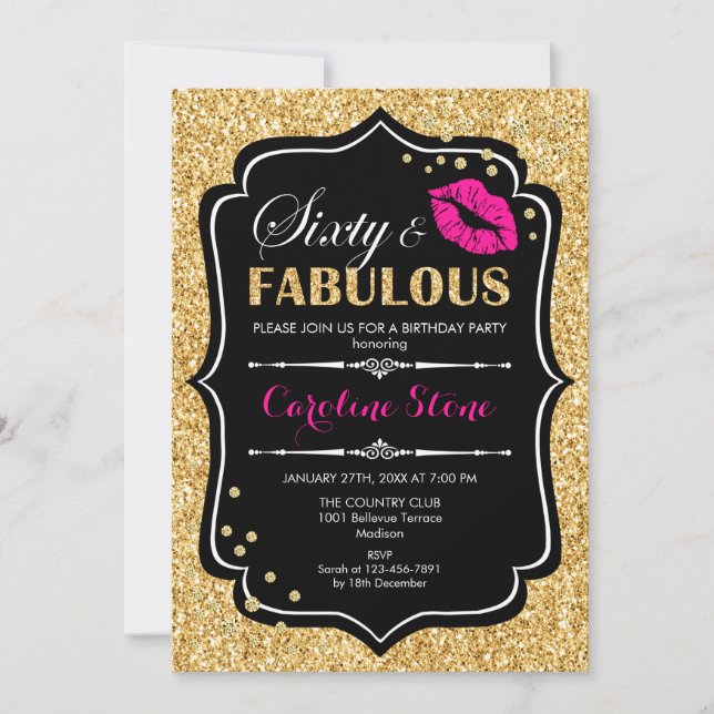 60th Birthday - Sixty Fabulous Gold Black Pink Invitation (Front)