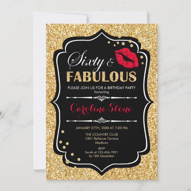60th Birthday - Sixty Fabulous Gold Black Red Invitation (Front)