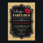 60th Birthday - Sixty Fabulous Gold Black Red Invitation<br><div class="desc">60th Birthday Invitation.
Elegant black white design with faux glitter gold. Features red lips kiss,  confetti and script font. Perfect for an elegant birthday party. Sixty Fabulous! Message me if you need further customization.</div>