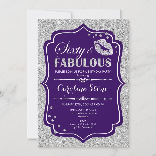 60th Birthday - Sixty Fabulous Purple Silver Invitation (Front)