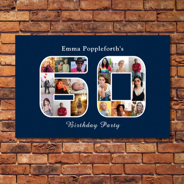 60th Birthday Sixty Photo Collage Navy Blue Poster (60th birthday navy blue photo collage template welcome poster.)