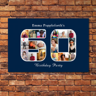 60th Birthday Sixty Photo Collage Navy Blue Poster