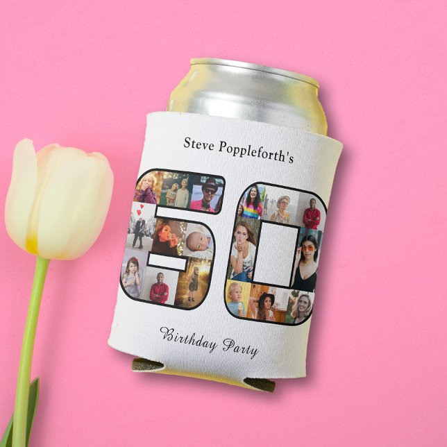 60th Birthday Sixty Photo Collage White Can Cooler (60th birthday white can cooler with 60 photo collage template.)
