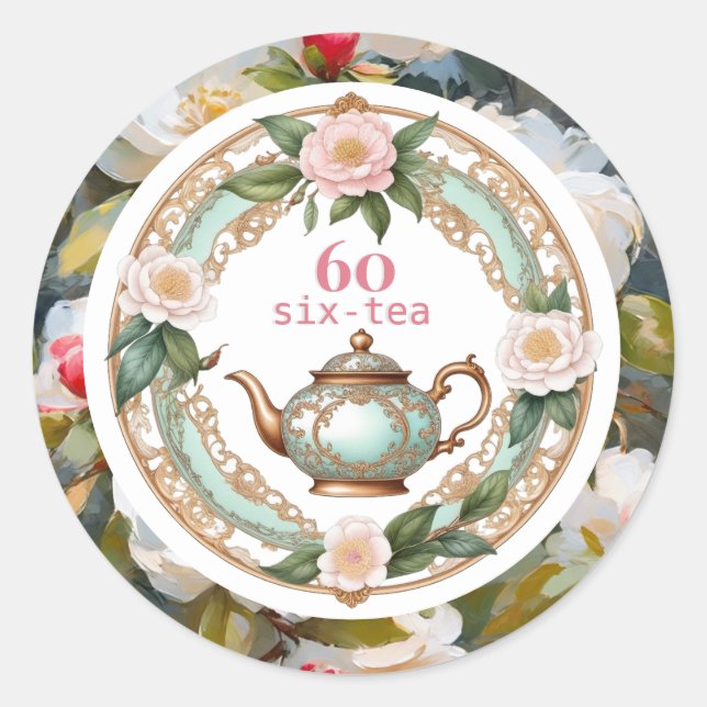 60th Birthday Sixty Tea Lover Teapot Leaf Floral Classic Round Sticker (Front)