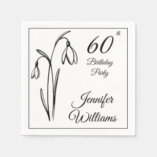 60th Birthday Snowdrop Floral Black And White Napkin