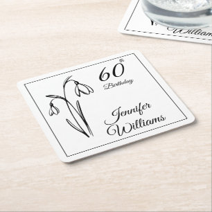 60th Birthday Snowdrop Floral Black And White Square Paper Coaster