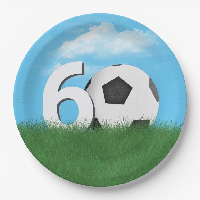 60th Birthday Soccer Ball In Green Grass Paper Plate (Front)