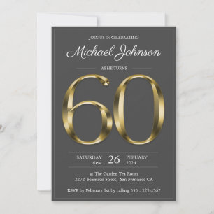 60th Birthday Solid Gold Text Dark Grey Classy Invitation