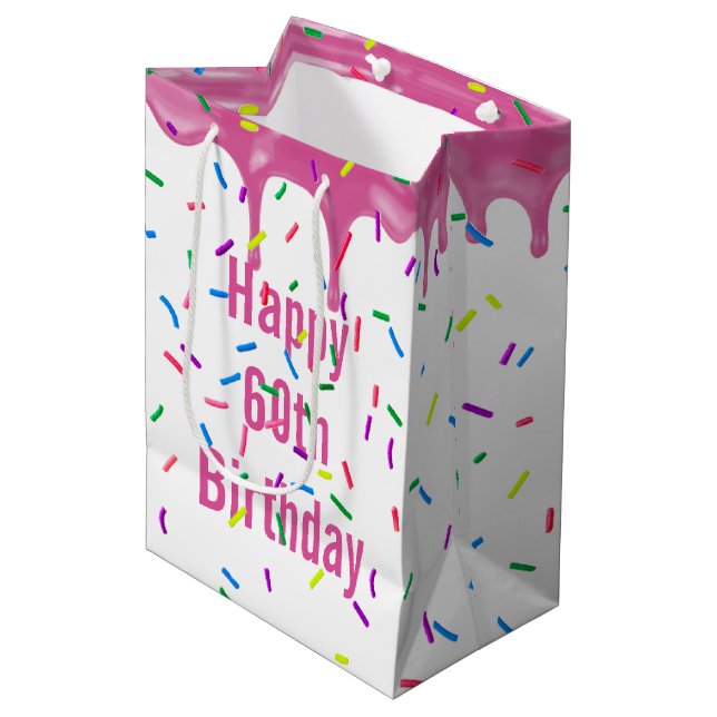 60th Birthday Sprinkles On Pink Icing Medium Gift Bag (Front Angled)