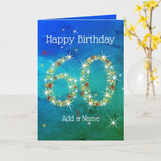 60th Birthday - Star Numbers - Blue Green - Age 60 Card (Yellow Flower)