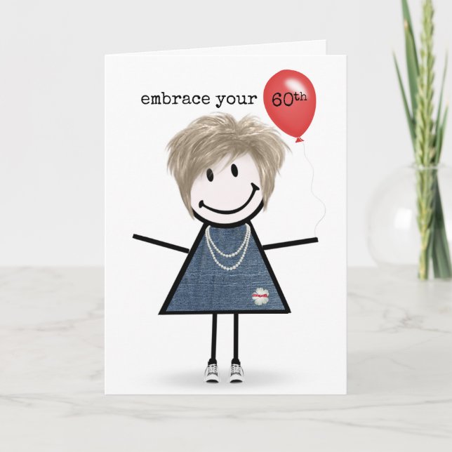 60th Birthday Stick Figure Girl with Red Balloon Card (Front)