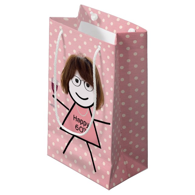 60th Birthday Stick Girl On Polka Dots  Small Gift Bag (Front Angled)