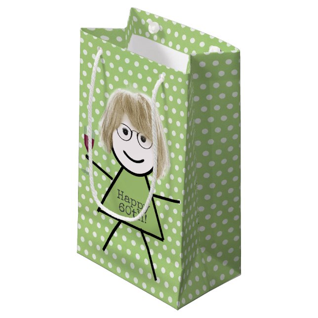 60th Birthday Stick Girl On Polka Dots Small Gift Bag (Front Angled)