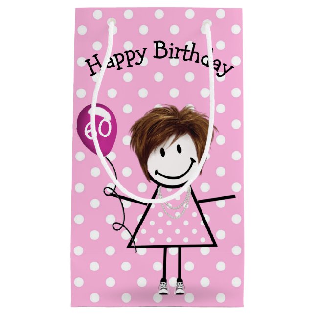 60th Birthday Stick Girl with Pink Balloon  Small Gift Bag (Front)