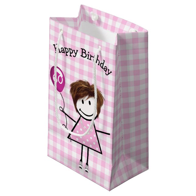 60th Birthday Stick Girl with Pink Balloon  Small Gift Bag (Front Angled)