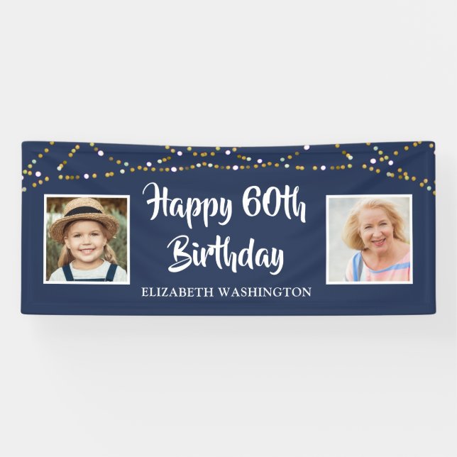60th Birthday String Lights Photo Name Blue Banner (Horizontal)