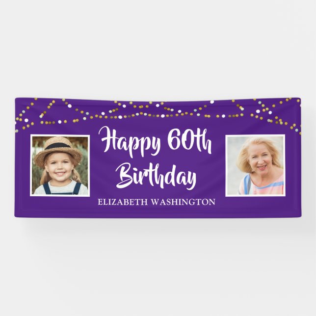 60th Birthday String Lights Photo Name Purple Banner (Horizontal)